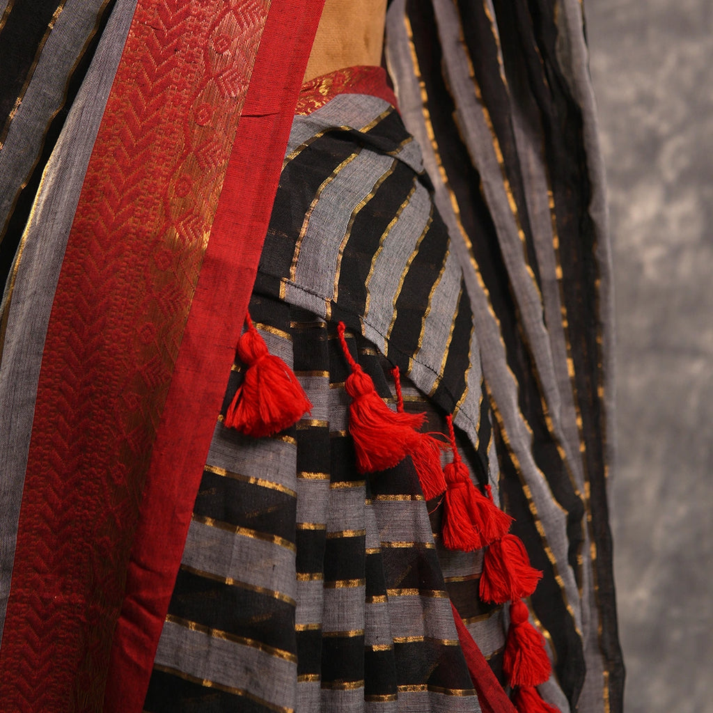 Grey Striped Saree with Red Border | Handloom Geometric Saree