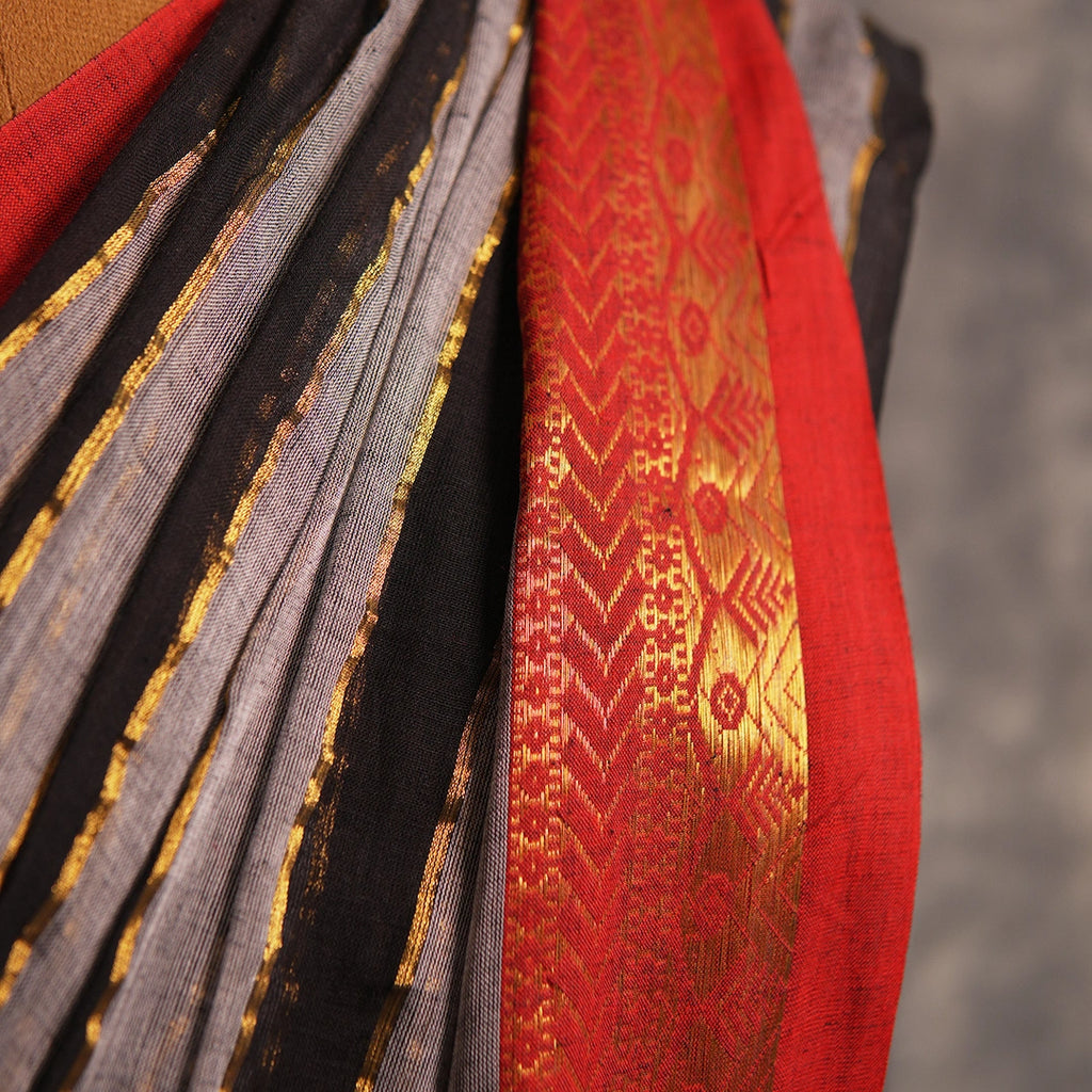 Grey Striped Saree with Red Border | Handloom Geometric Saree