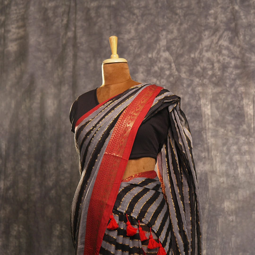 Grey Striped Saree with Red Border | Handloom Geometric Saree