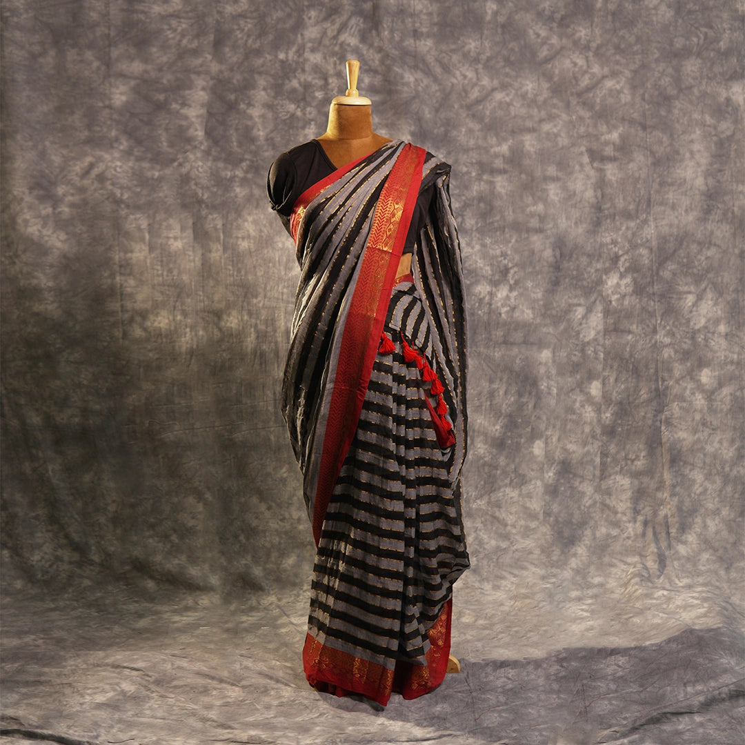 Grey Striped Saree with Red Border | Handloom Geometric Saree