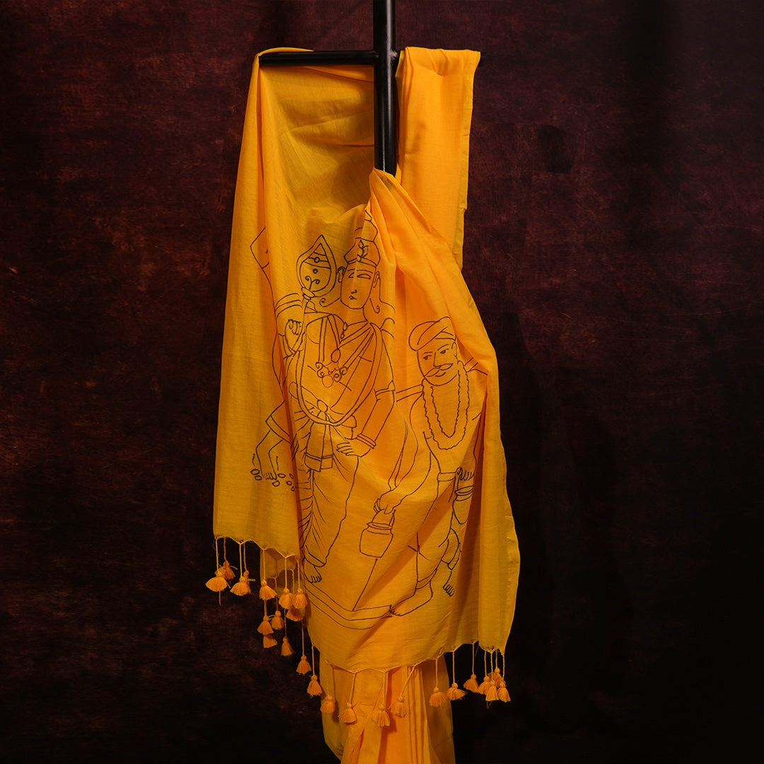 Thai Poosam Yellow Saree | Handcrafted Murugan Print Cotton