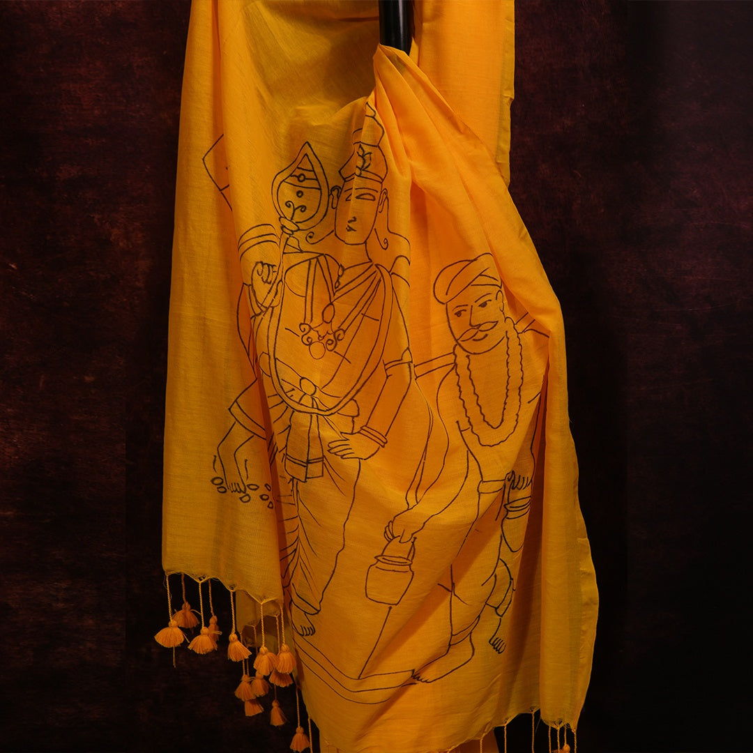 Thai Poosam Yellow Saree | Handcrafted Murugan Print Cotton