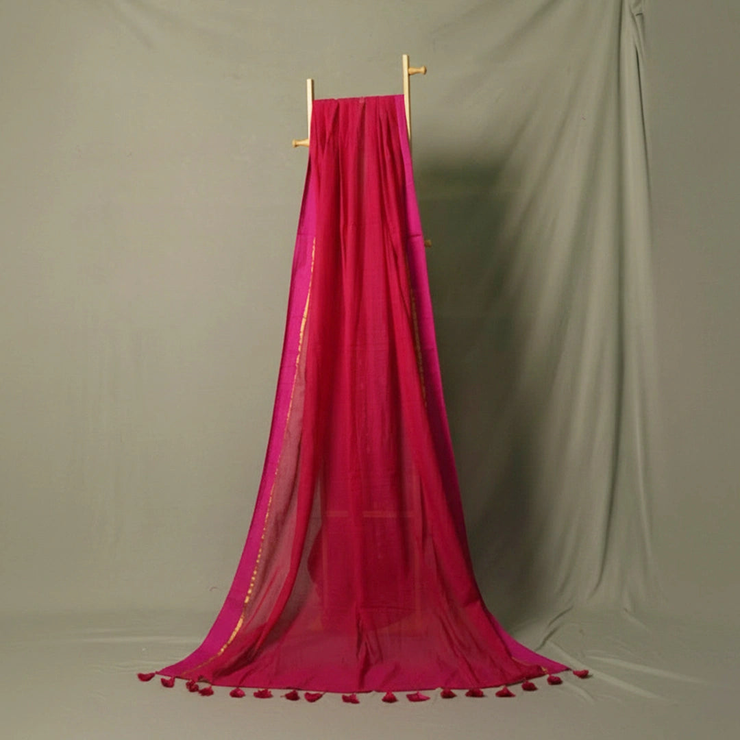Pink Mulmul Cotton Saree on Hanger – Wedding Guest Modern Traditional Statement Festive Saree – Kottanz Loom Co