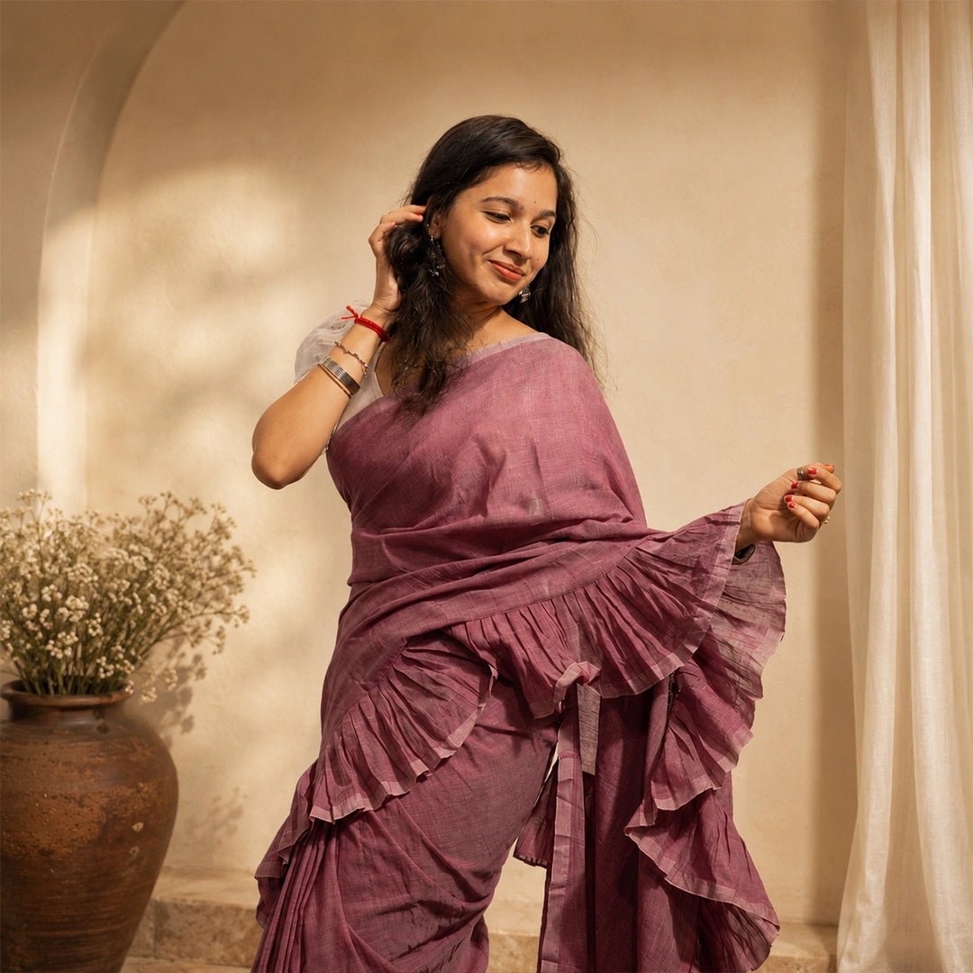 Pink Ruffle Classic Saree | Handcrafted Cotton Tassel Saree - Kottanz Loom CoSareeKottanz Loom Co
