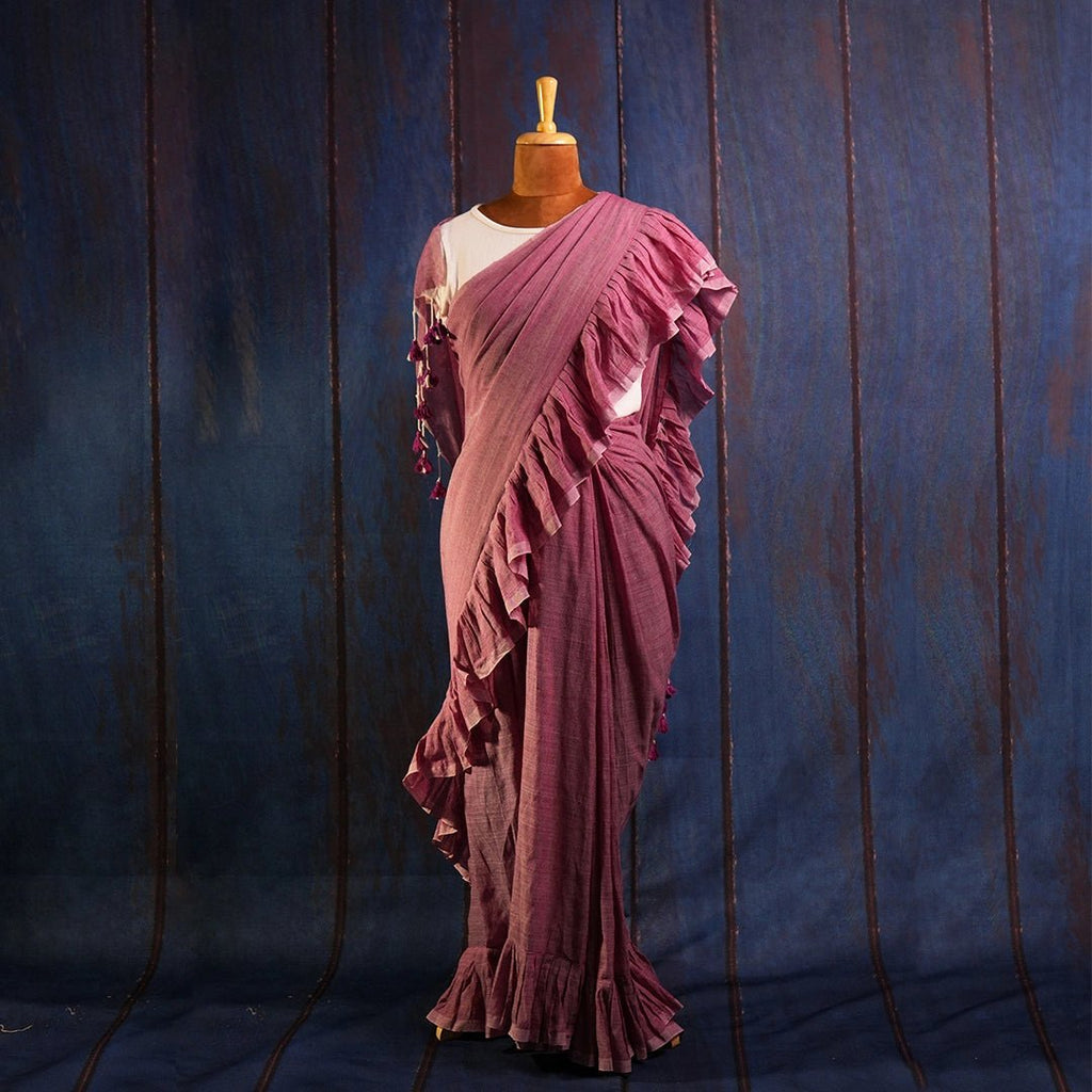 Pink Ruffle Classic Saree | Handcrafted Cotton Tassel Saree - Kottanz Loom CoSareeKottanz Loom Co