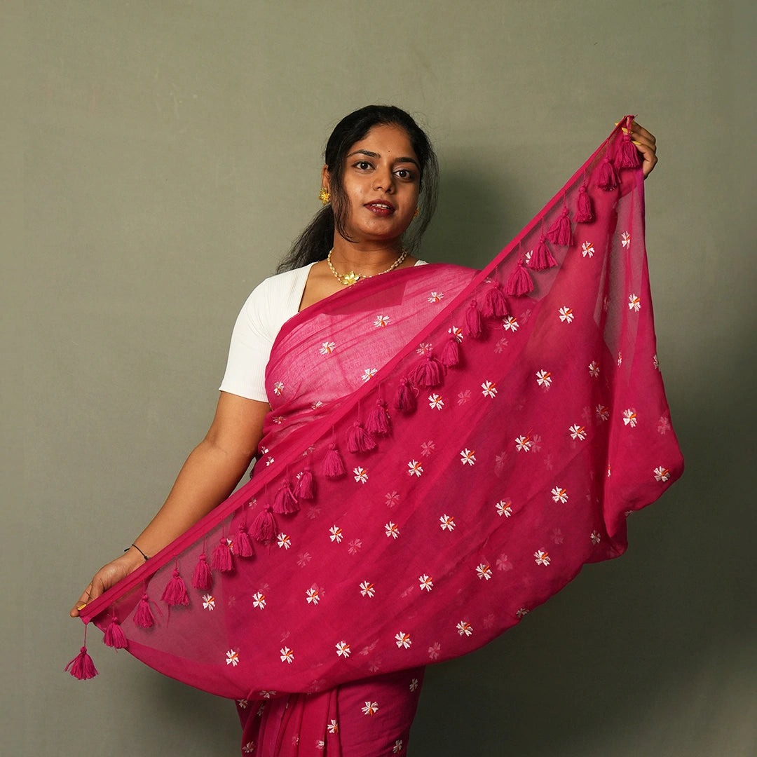 Pink Shiwli Flower Embroidery Saree – Elegant Statement Festive Cotton Party Wear Saree – Kottanz Loom Co