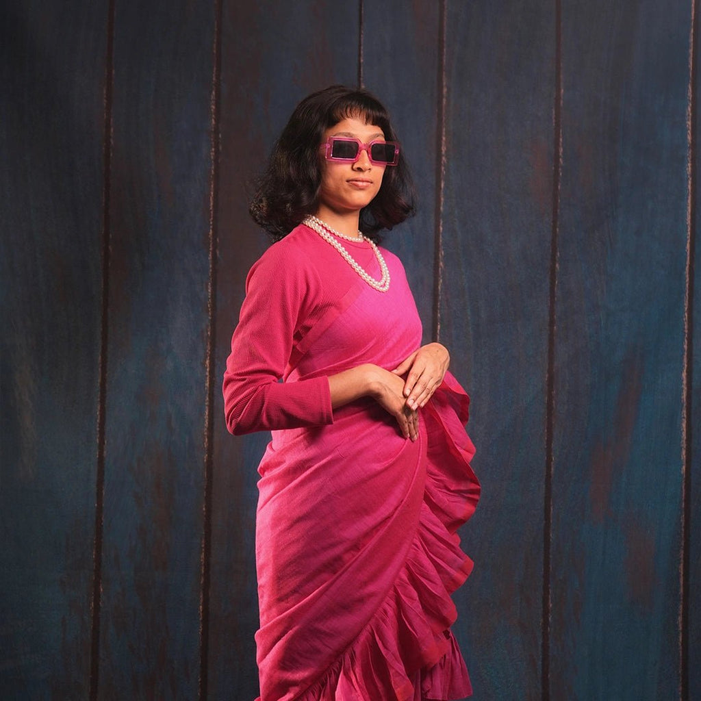 Pink Soft Frill Handcrafted Saree with Floral Brooch - Kottanz Loom CoSareeKottanz Loom Co