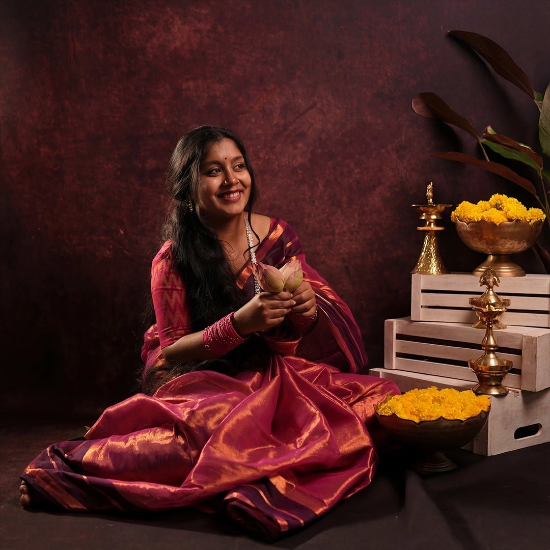 Pink Tissue Silk Saree | Handloom Festive Saree with Golden Border - Kottanz Loom CoSareeKottanz Loom Co