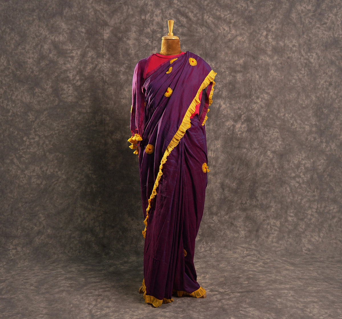 Plum Floral Ruffle Saree Set – Designer Wedding Party Wear - Kottanz Loom CoSareeKottanz Loom Co