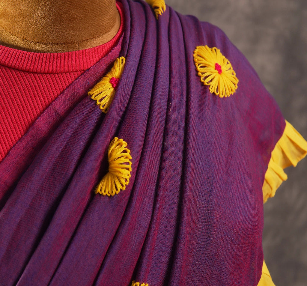 Plum Floral Ruffle Saree Set – Designer Wedding Party Wear - Kottanz Loom CoSareeKottanz Loom Co