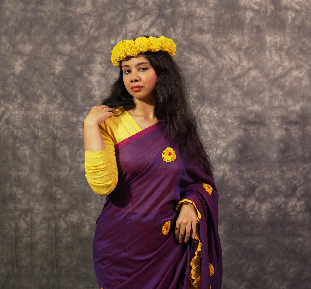 Plum Floral Ruffle Saree Set – Designer Wedding Party Wear - Kottanz Loom CoSareeKottanz Loom Co