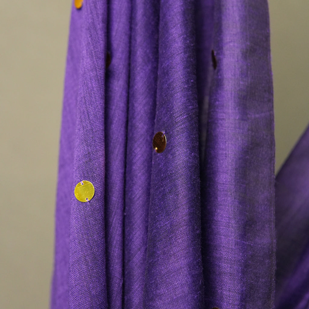 Close-up Sequin Embellishment on Purple Gini Khadi Saree – Main Character Festive Cotton Saree – Kottanz Loom Co
