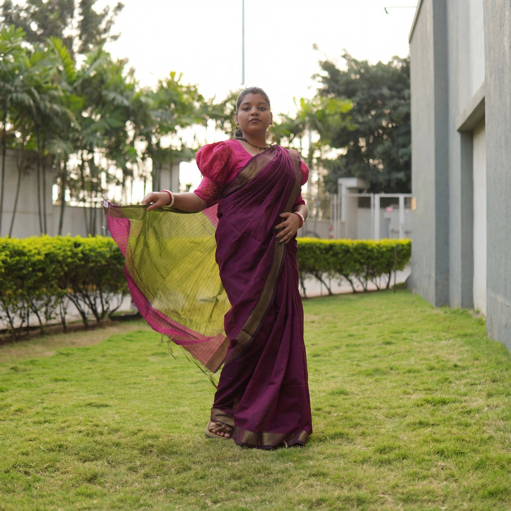 Model wearing Purple Mul Cotton Jacquard Saree with handwoven traditional drape – front view