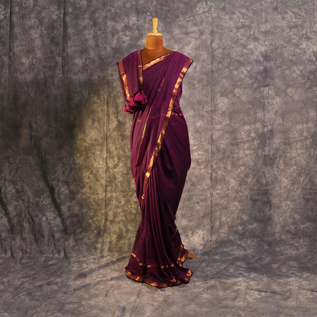 Purple Mul Cotton Saree | Handloom Soft Cotton Saree with Golden Border - Kottanz Loom CoSareeKottanz Loom Co
