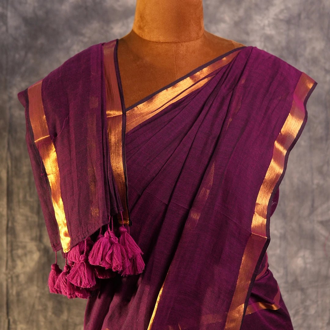 Purple Mul Cotton Saree | Handloom Soft Cotton Saree with Golden Border - Kottanz Loom CoSareeKottanz Loom Co