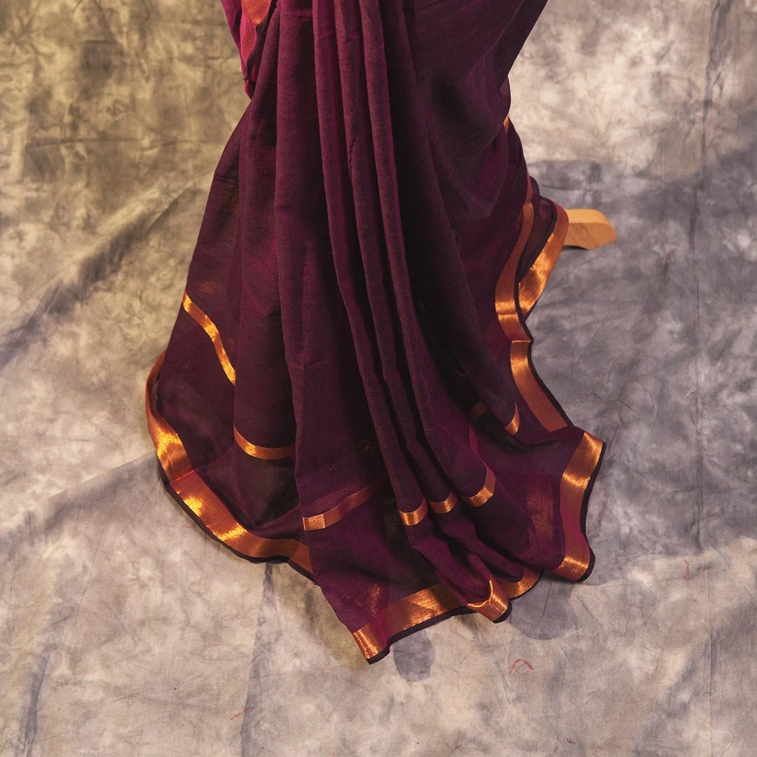 Purple Mul Cotton Saree | Handloom Soft Cotton Saree with Golden Border - Kottanz Loom CoSareeKottanz Loom Co
