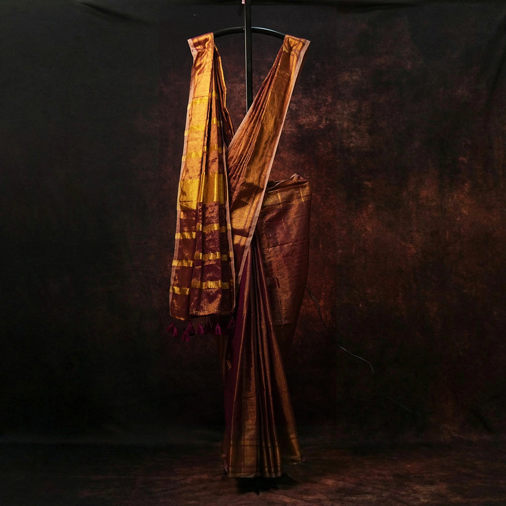 Full-length view of Purple Raga Handwoven Tissue Saree showing embellished pallu and tassel detailing