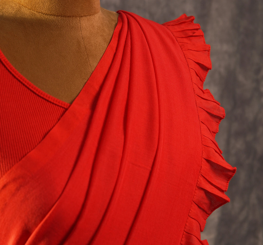 Crimson Ruffle Drape Saree Set – Designer Wedding Party Wear
