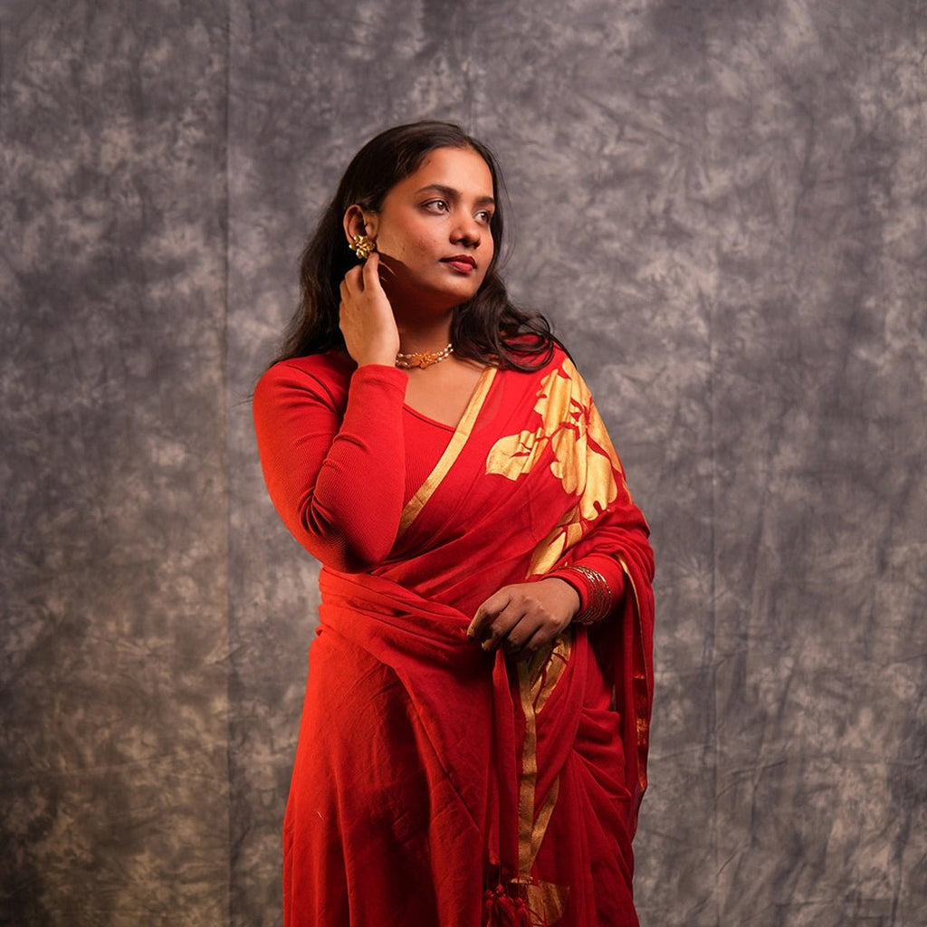 Red Bloom and Bold Saree | Designer Floral Print Saree with Golden Border - Kottanz Loom CoSareeKottanz Loom Co