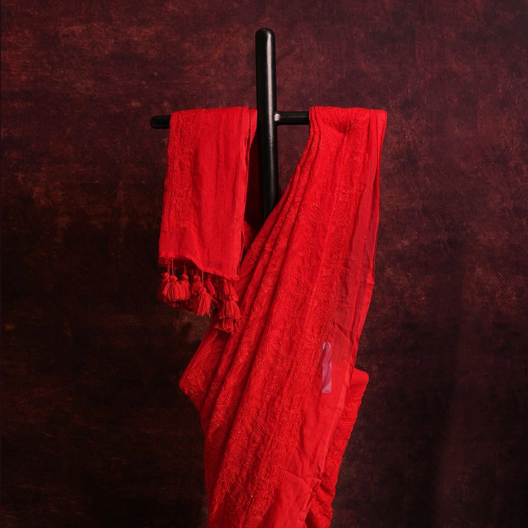 Red Chikankari Saree | Handcrafted Lucknowi Embroidery Saree - Kottanz Loom CoSareeKottanz Loom Co