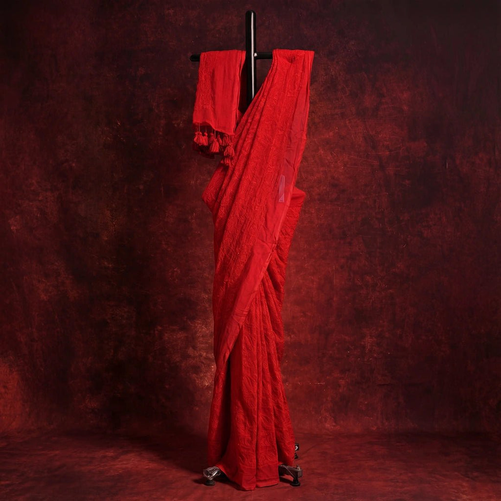 Red Chikankari Saree | Handcrafted Lucknowi Embroidery Saree - Kottanz Loom CoSareeKottanz Loom Co