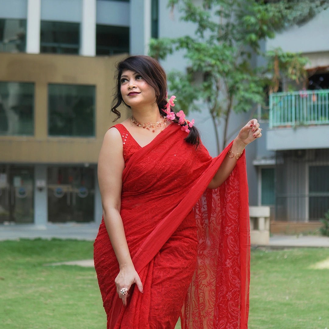 Red Chikankari Saree | Handcrafted Lucknowi Embroidery Saree - Kottanz Loom CoSareeKottanz Loom Co