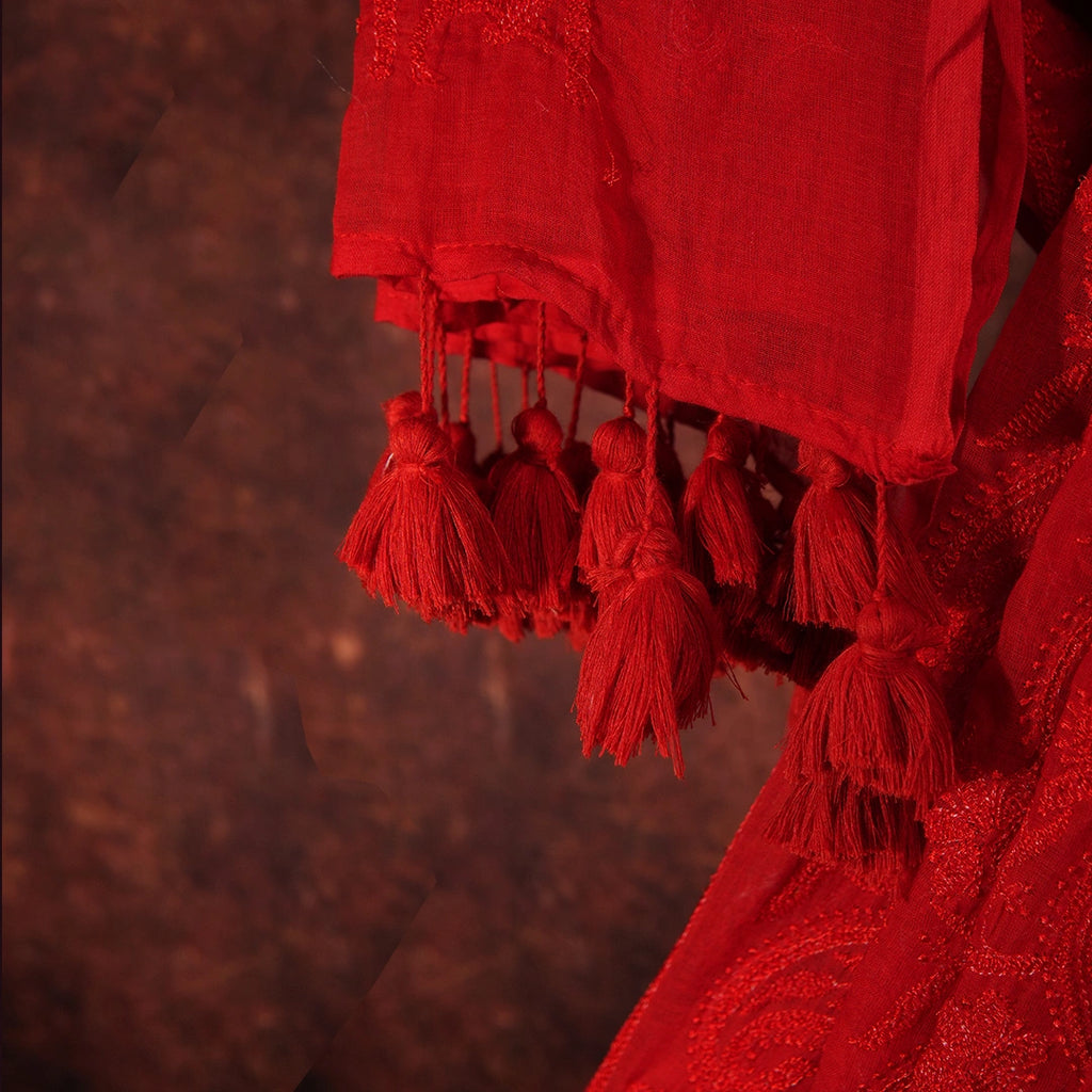 Red Chikankari Saree Tassel Border Detail – Festive Cotton Statement Bridal Wedding Saree – Kottanz Loom Co