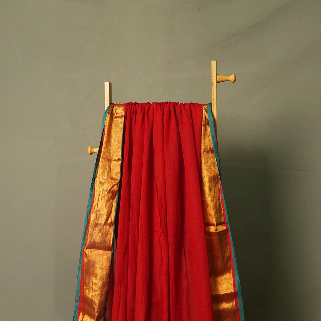 Red Mul Cotton Lightweight Saree on Hanger – Cocktail Main Character Festive Cotton Saree – Kottanz Loom Co