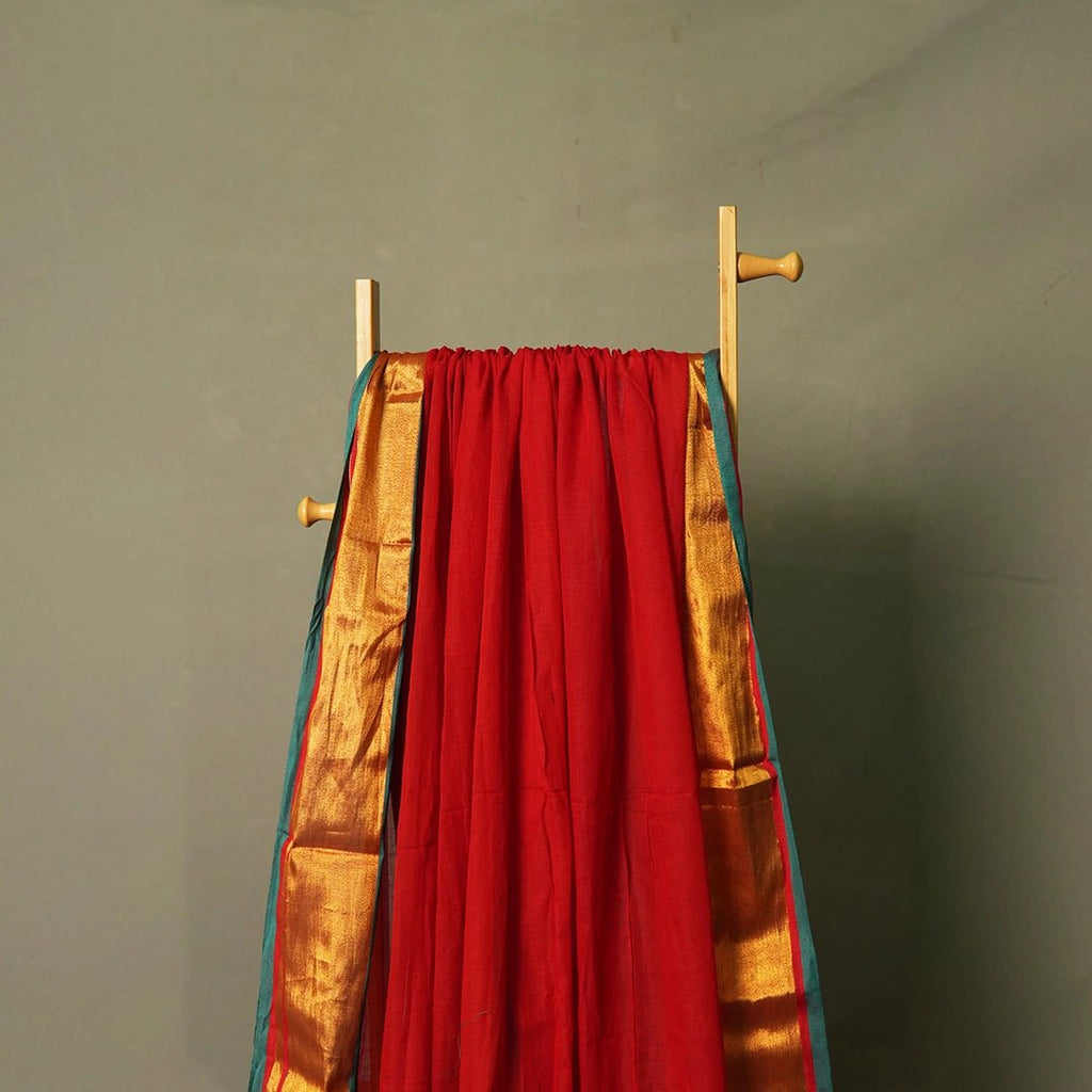 Red Mul Cotton Saree – Soft Lightweight Saree with Golden Border - Kottanz Loom CoSareeKottanzloom