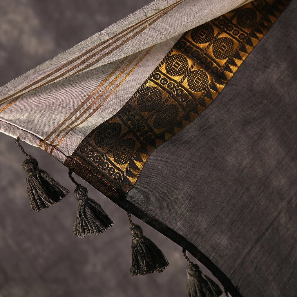 Regal Black Cotton Saree with Golden Border & Tassels - Kottanz Loom CoSareeKottanz Loom Co