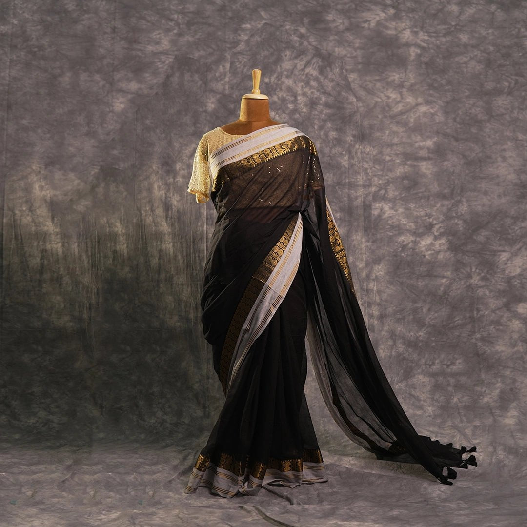 Regal Black Cotton Saree with Golden Border & Tassels - Kottanz Loom CoSareeKottanz Loom Co