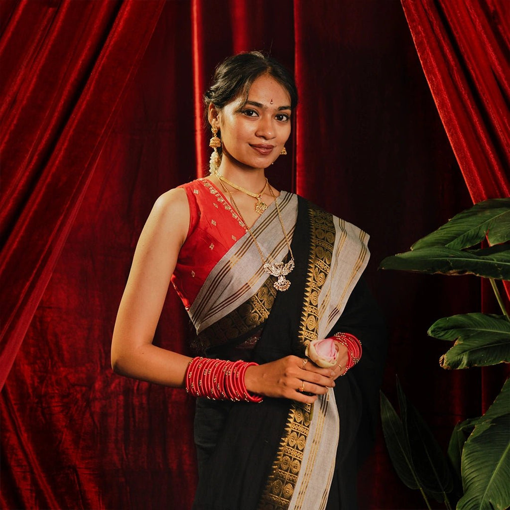 Regal Black Cotton Saree with Golden Border & Tassels - Kottanz Loom CoSareeKottanz Loom Co