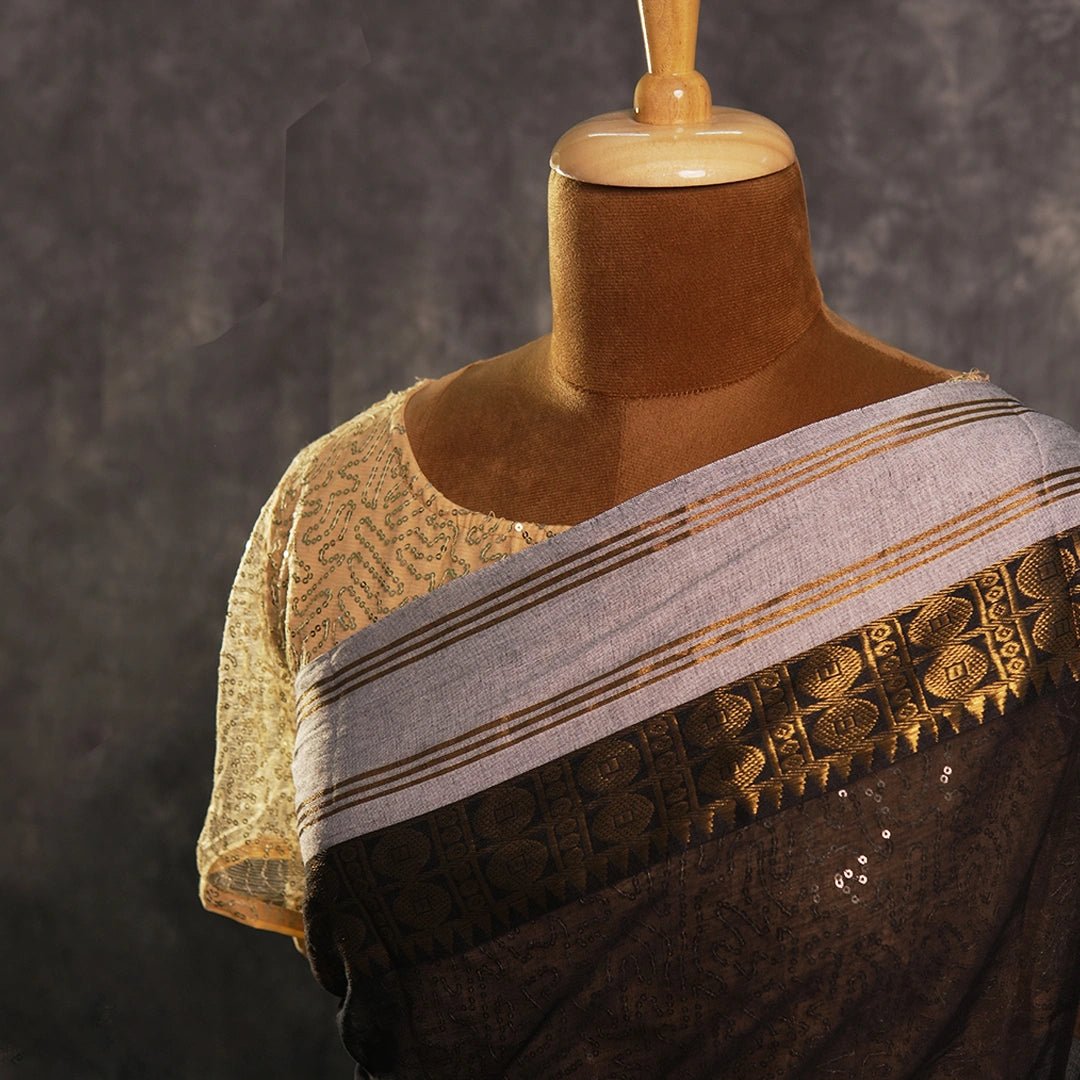 Regal Black Cotton Saree with Golden Border & Tassels - Kottanz Loom CoSareeKottanz Loom Co