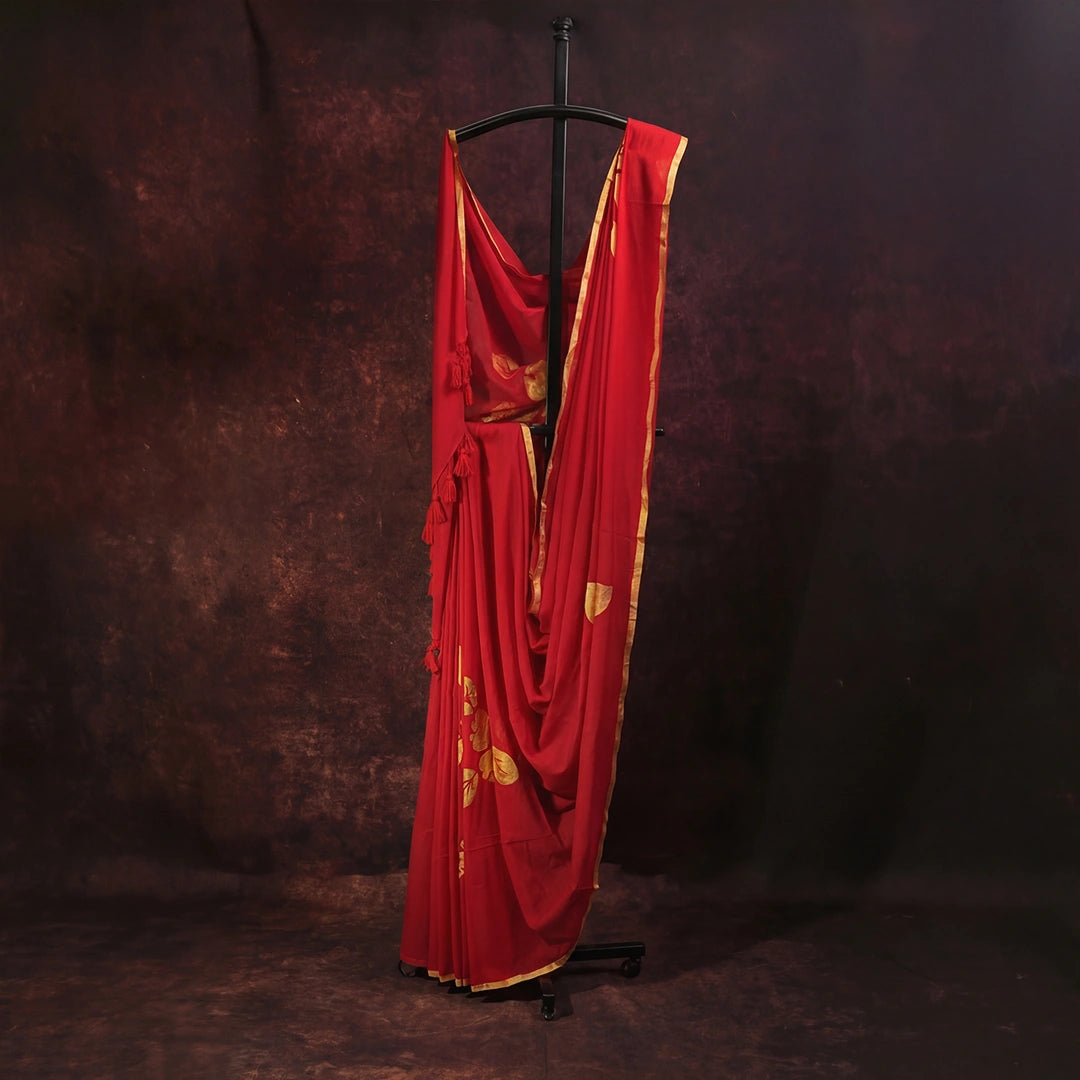 Red Bloom and Bold Saree | Designer Floral Print Saree with Golden Border
