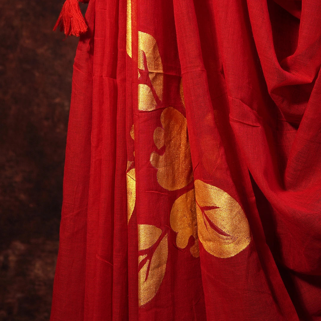 Red Bloom and Bold Saree | Designer Floral Print Saree with Golden Border