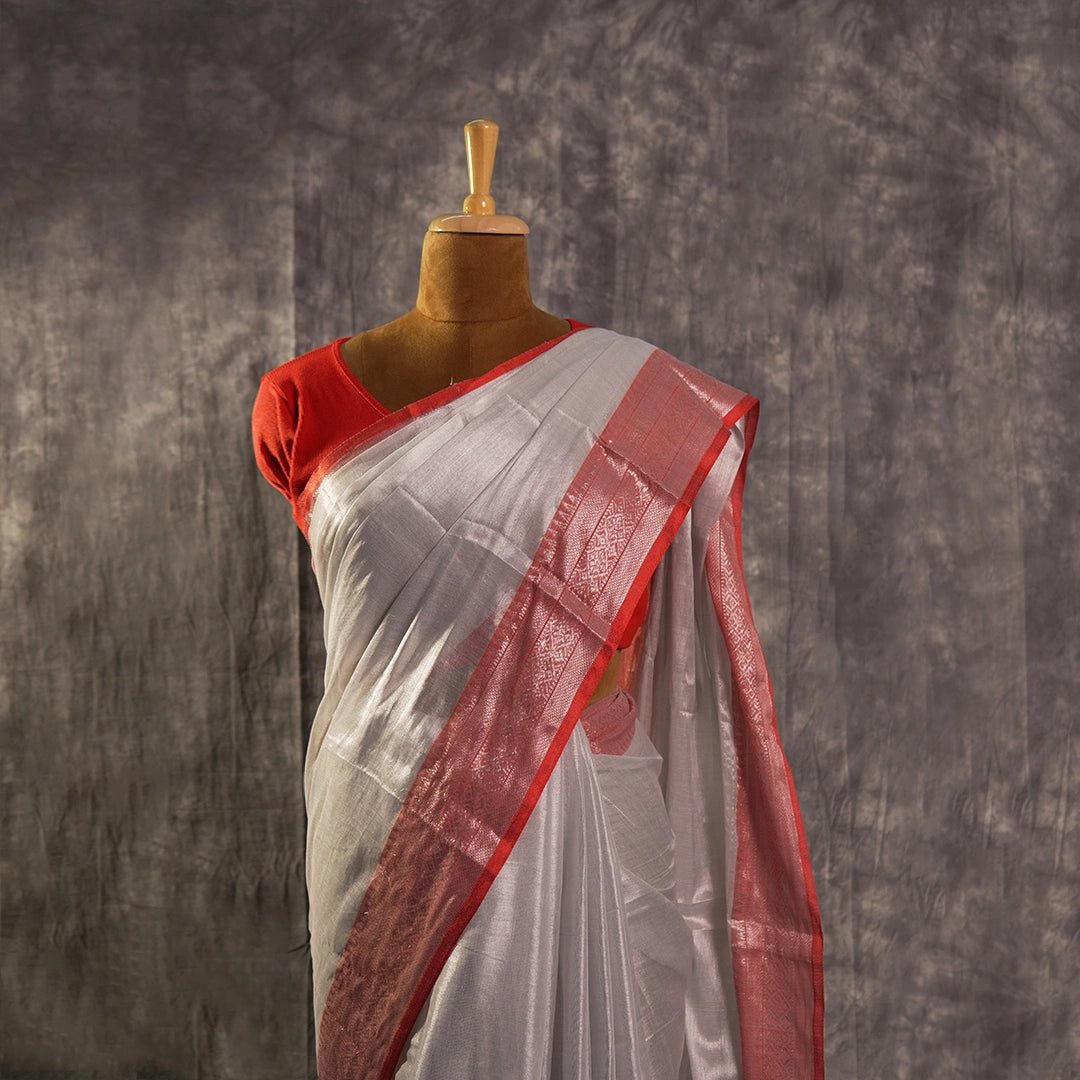 Silver Red Accent Handloom Saree | Traditional Festive Ethnic Wear - Kottanz Loom CoSareeKottanz Loom Co