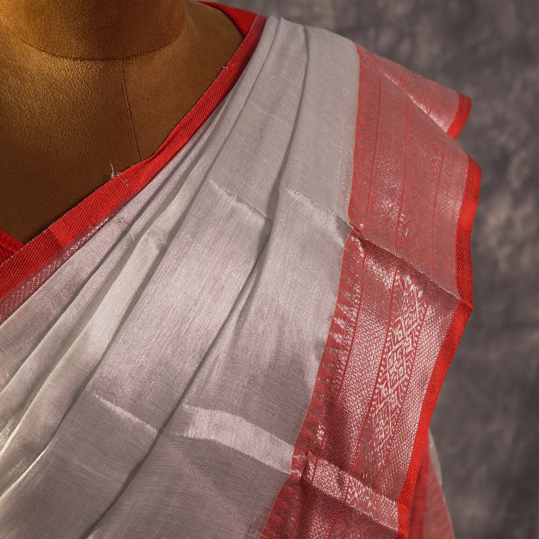 Silver Red Accent Handloom Saree | Traditional Festive Ethnic Wear - Kottanz Loom CoSareeKottanz Loom Co