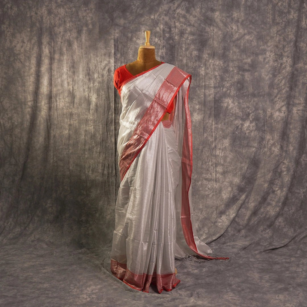 Silver Red Accent Handloom Saree | Traditional Festive Ethnic Wear - Kottanz Loom CoSareeKottanz Loom Co