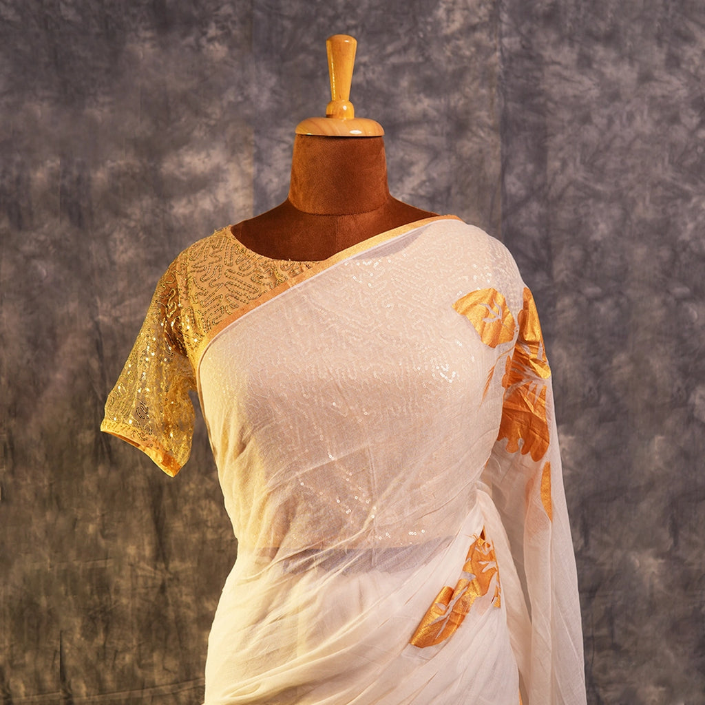 White Bloom and Bold Saree | Designer Floral Organza Saree with Gold