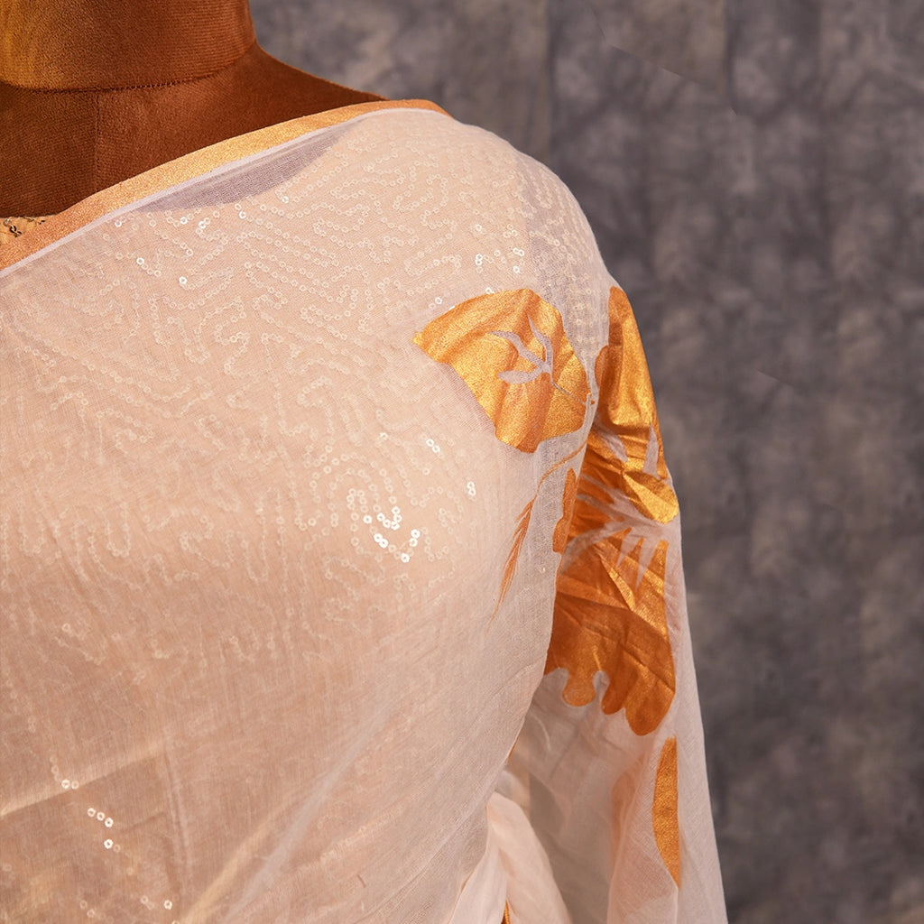 White Bloom and Bold Saree | Designer Floral Organza Saree with Gold
