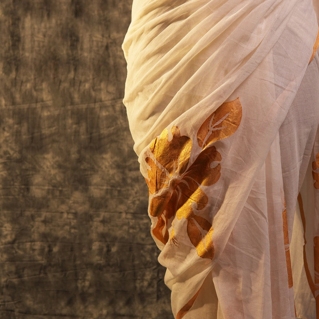 White Bloom and Bold Saree | Designer Floral Organza Saree with Gold