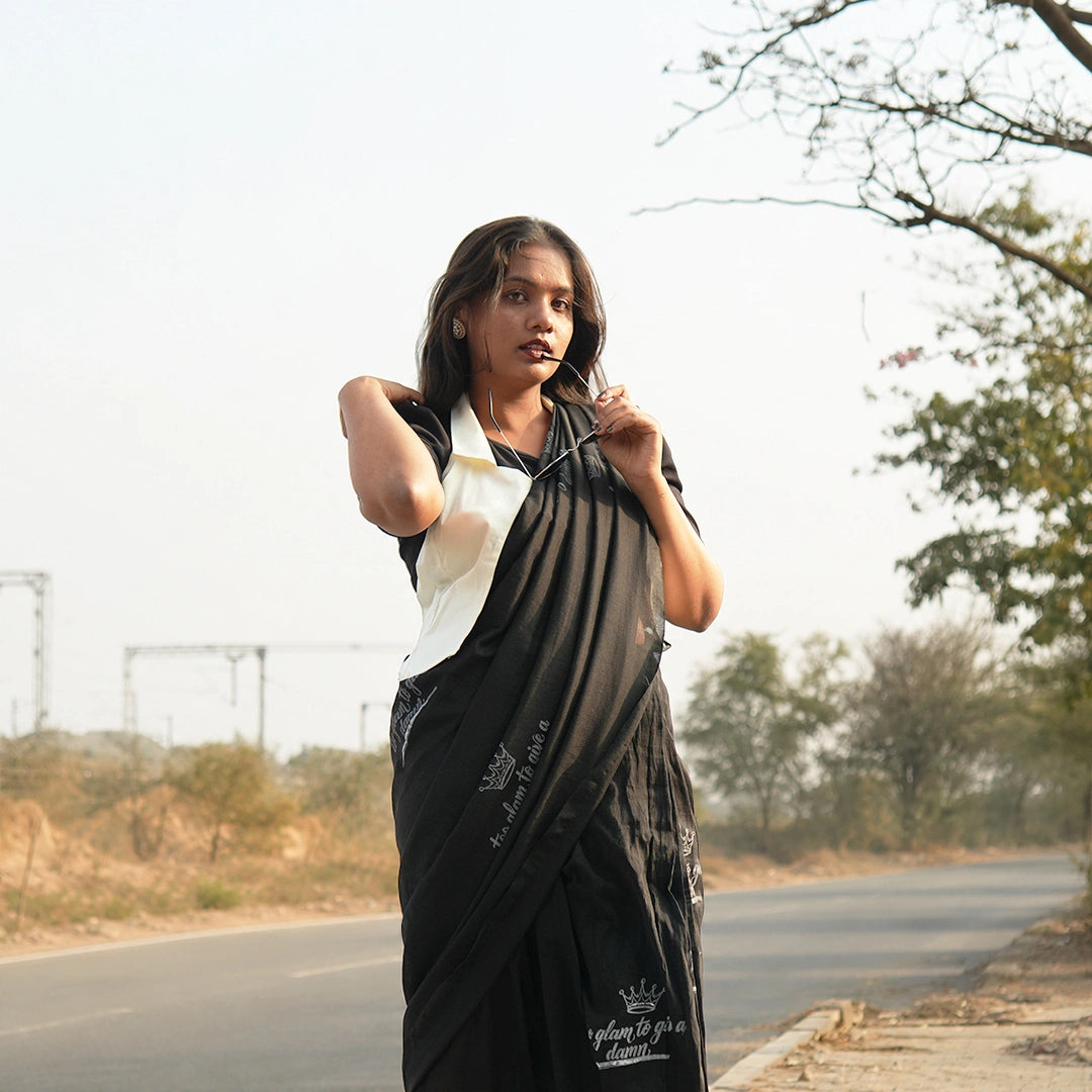 Too Glam To Give A Damn Black Saree | Statement Print Designer Saree