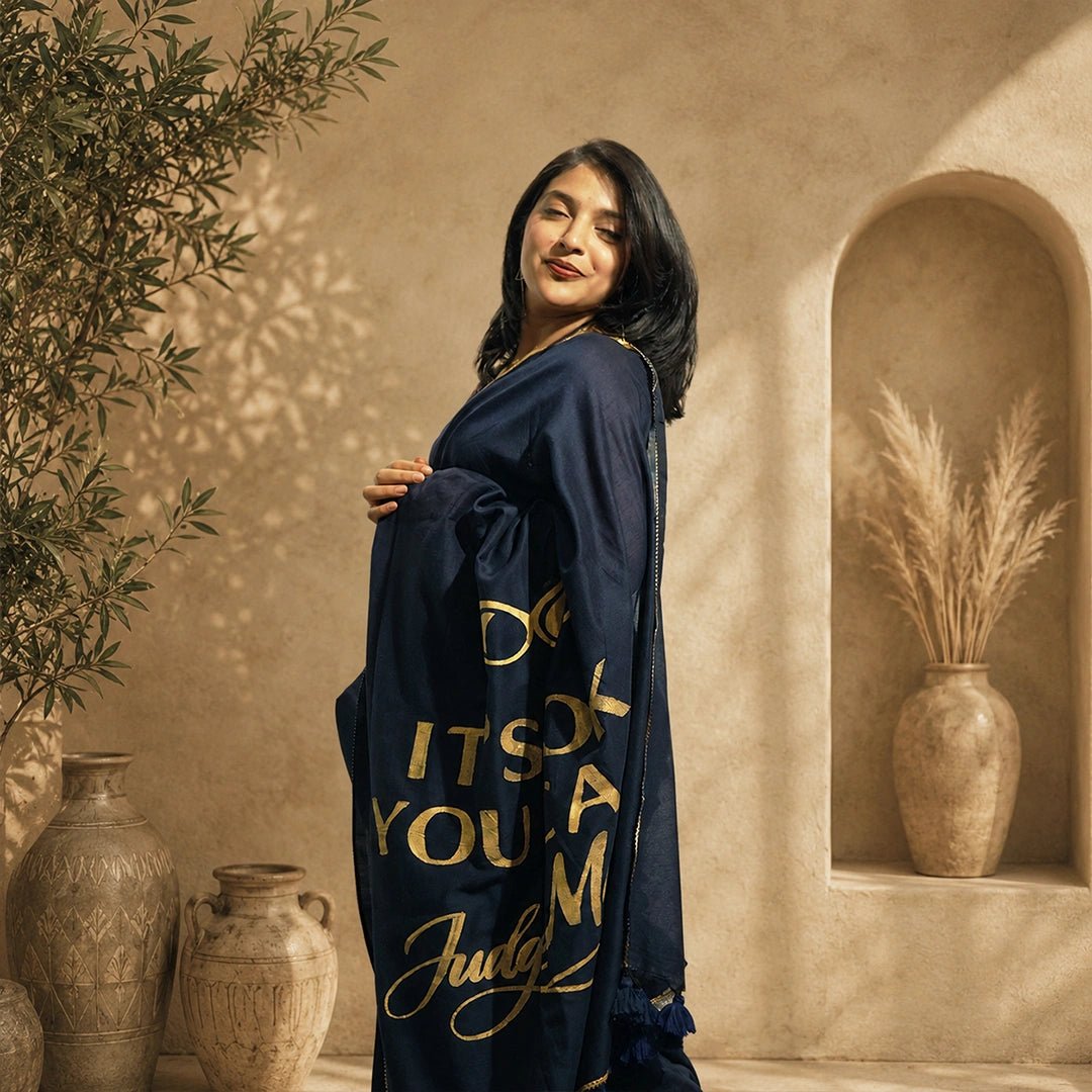 Unfiltered Blue – Navy Khadi Saree with Gold Motif Tassels - Kottanz Loom CoSareeKottanz Loom Co
