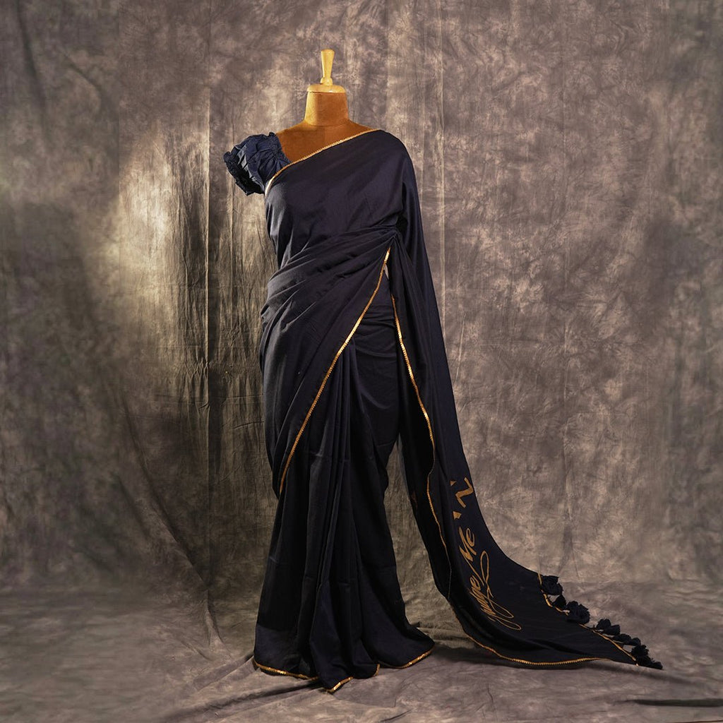 Unfiltered Blue – Navy Khadi Saree with Gold Motif Tassels - Kottanz Loom CoSareeKottanz Loom Co