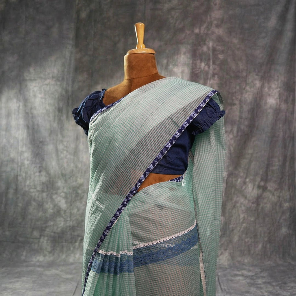 Vintage Check – Mint Green Khadi Saree with Navy Lace Border - Kottanz Loom CoSareeKottanz Loom Co