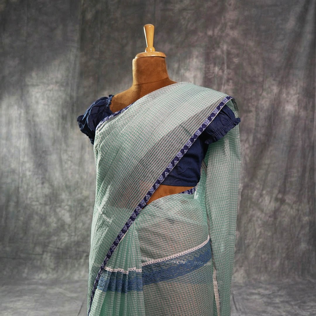 Vintage Check – Mint Green Khadi Saree with Navy Lace Border - Kottanz Loom CoSareeKottanz Loom Co
