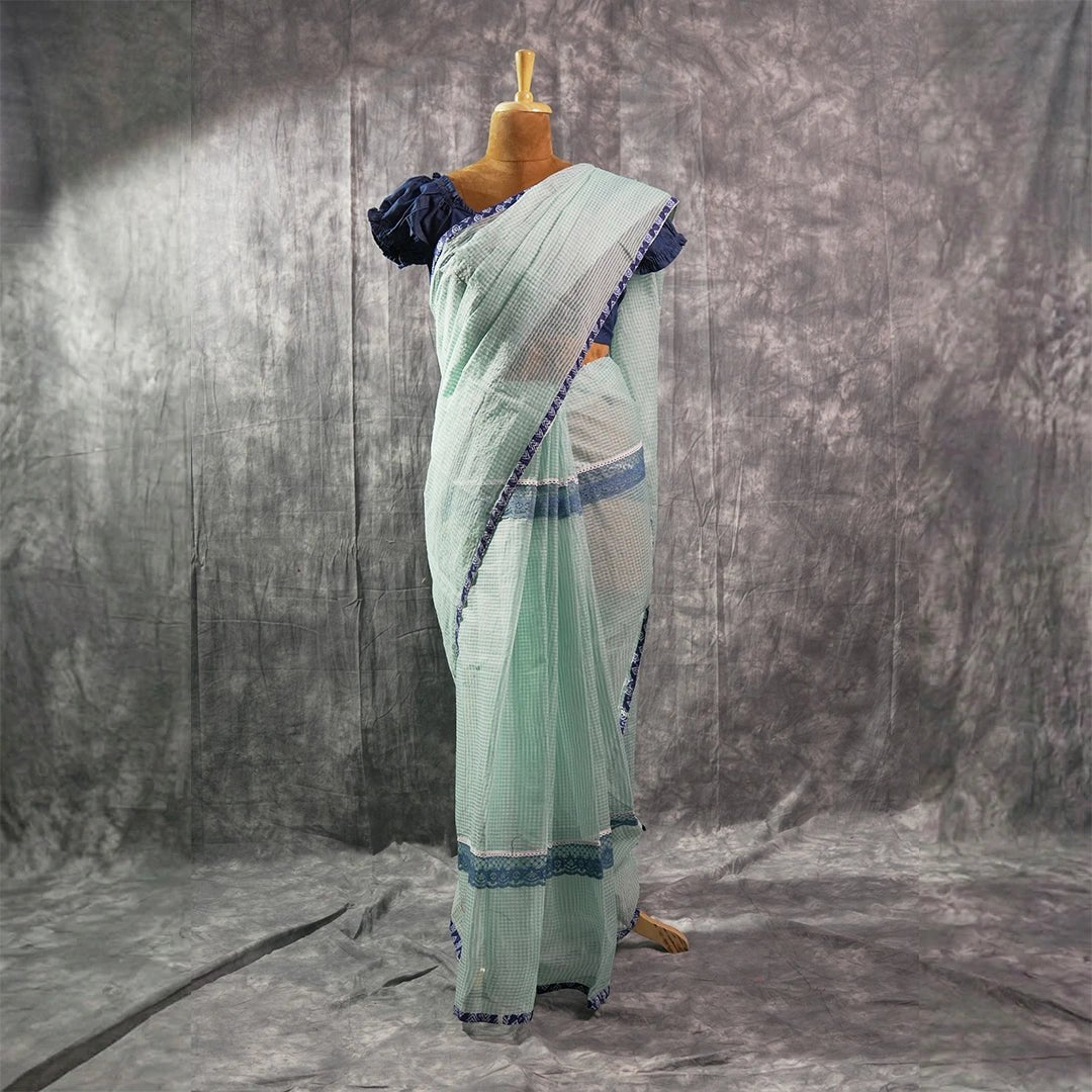 Vintage Check – Mint Green Khadi Saree with Navy Lace Border - Kottanz Loom CoSareeKottanz Loom Co