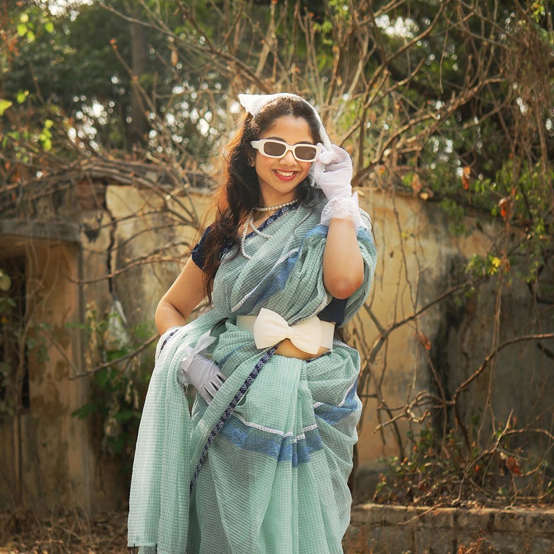 Vintage Check – Mint Green Khadi Saree with Navy Lace Border - Kottanz Loom CoSareeKottanz Loom Co