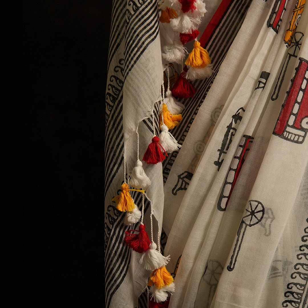 Vintage Transport Print Cotton Saree | Quirky Handcrafted Saree - Kottanz Loom CoSareeKottanz Loom Co