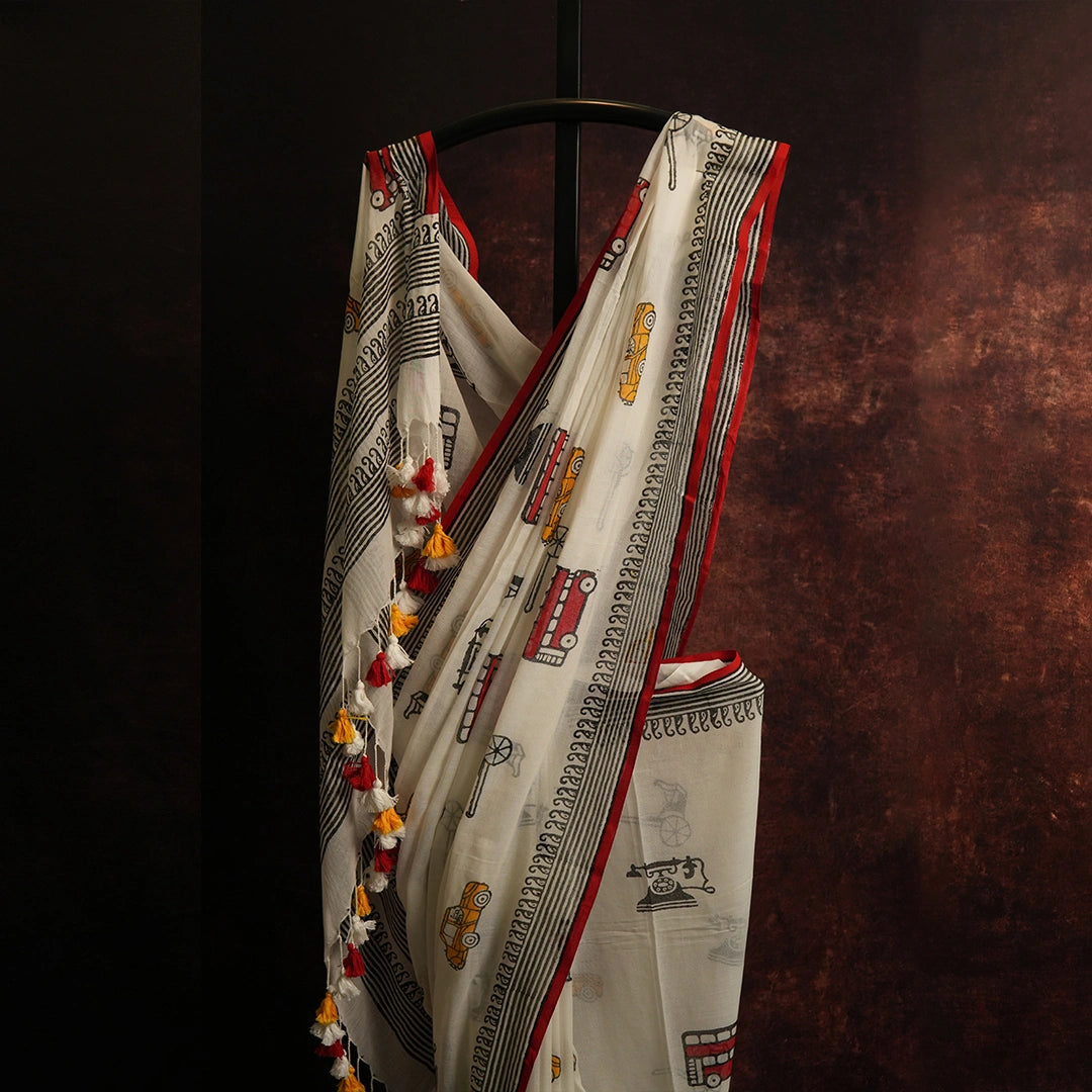 Close-up Bus & Train Print on Vintage Cotton Saree – Sequin Festive Statement Handcrafted Saree – Kottanz Loom Co